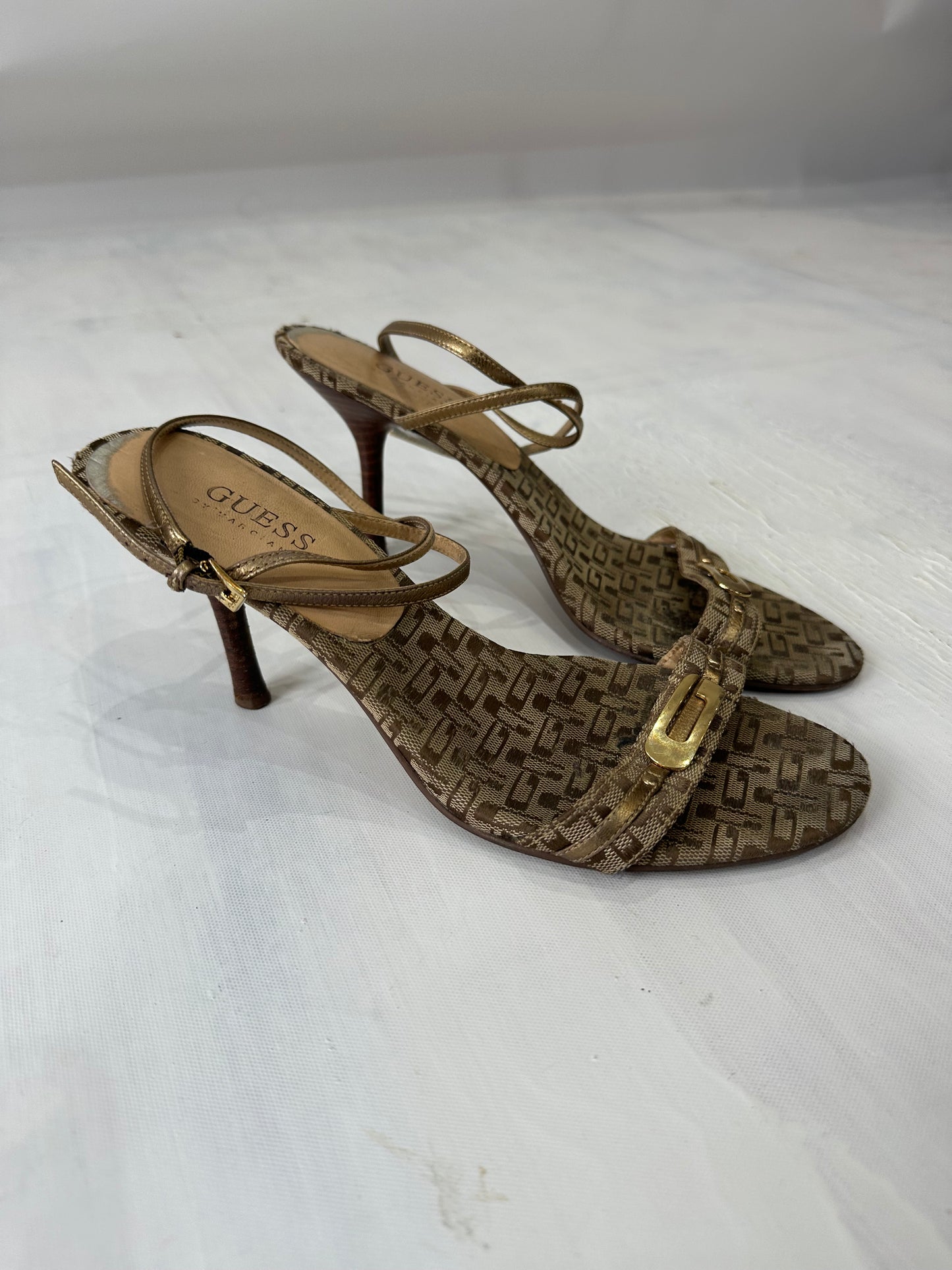 vintage edit thirty-three | UK6.5 brown guess strappy heels with monogram print