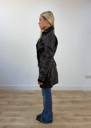 small brown faux leather pea trench coat