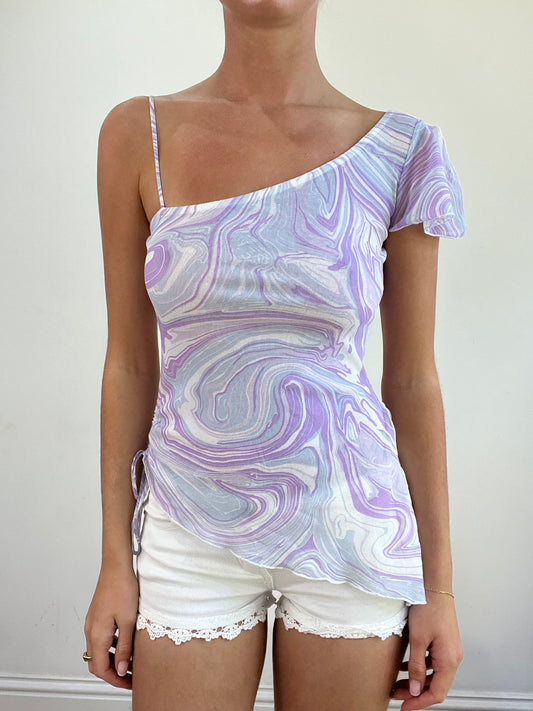 💻💚 miley cyrus edit | small bay purple and blue mesh top with swirl pattern