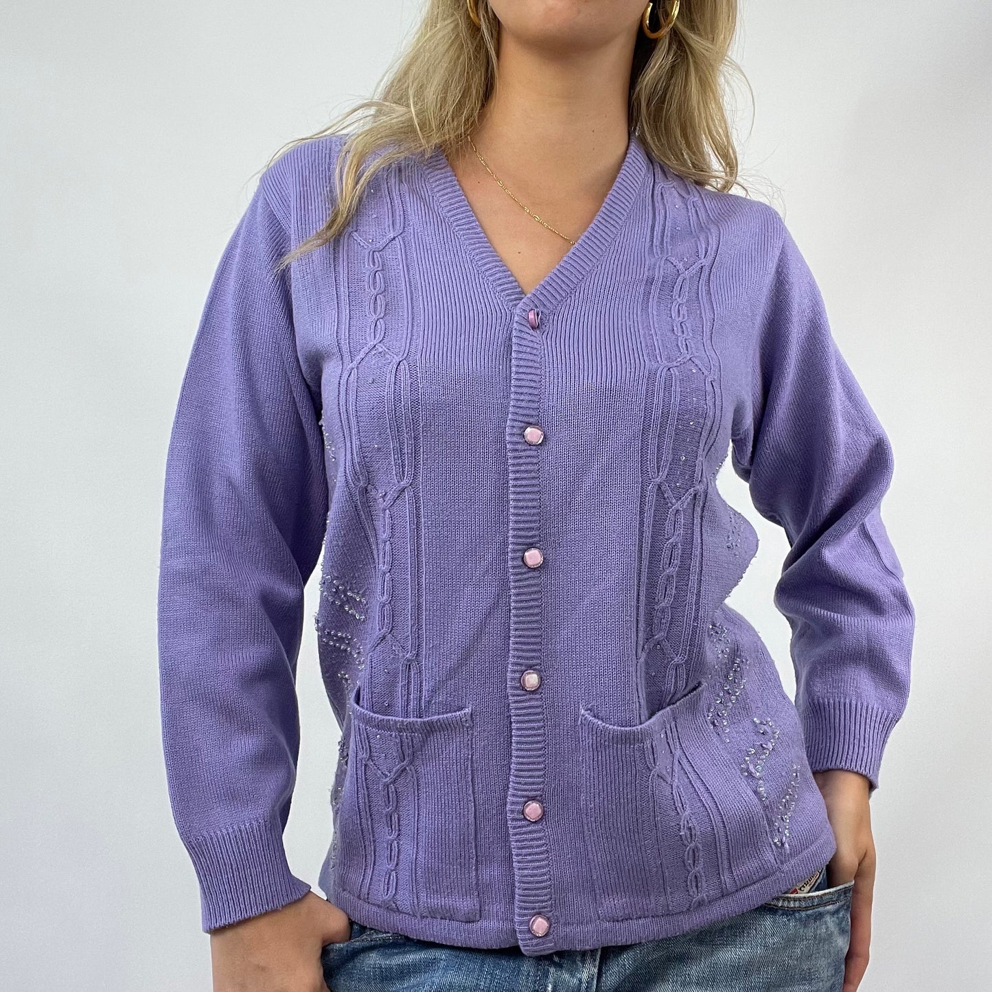 💻 COASTAL GRANDMA DROP | S/M purple knitted button up cardigan