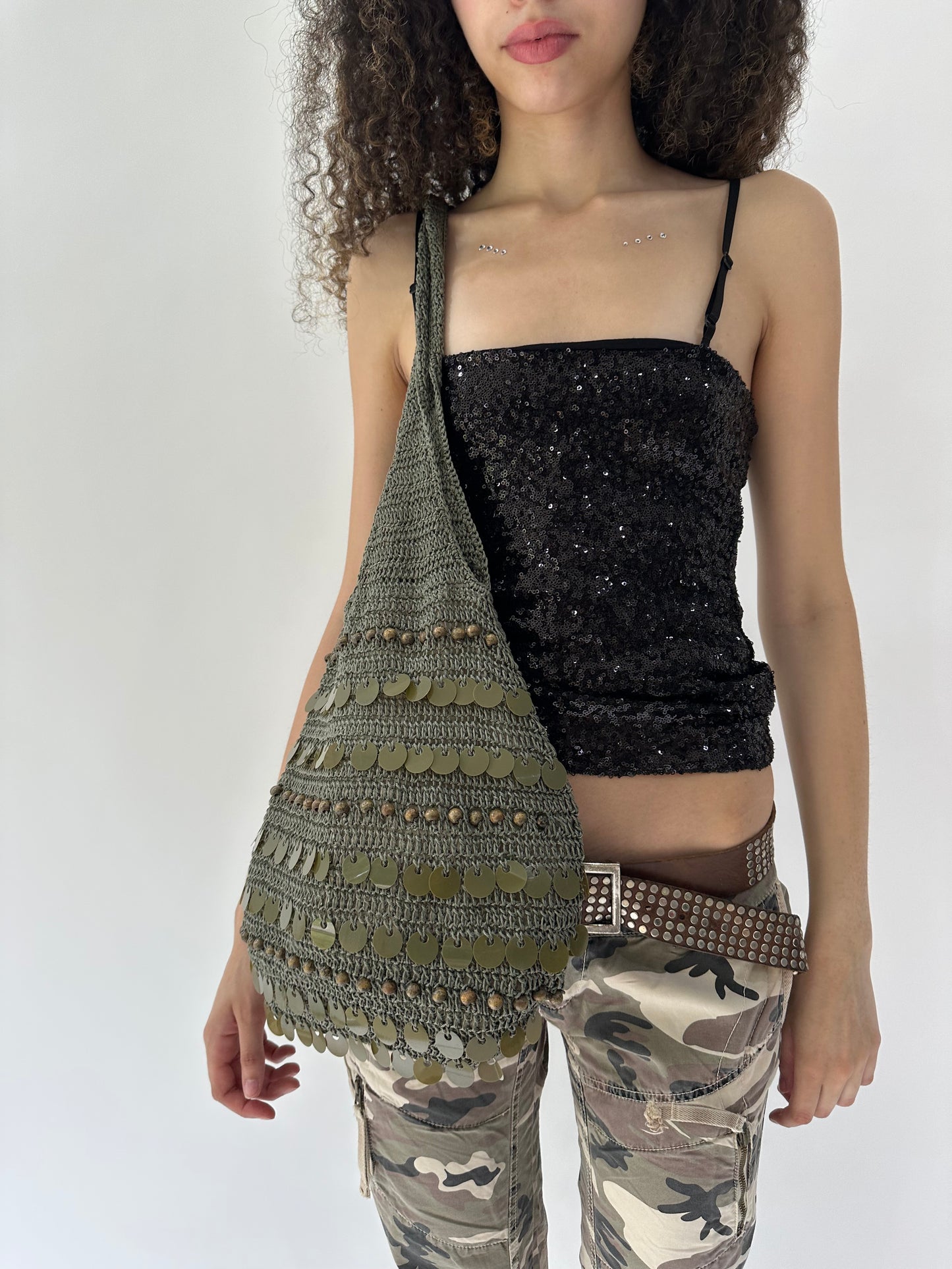festival drop | khaki green knit slouchy sequin bag