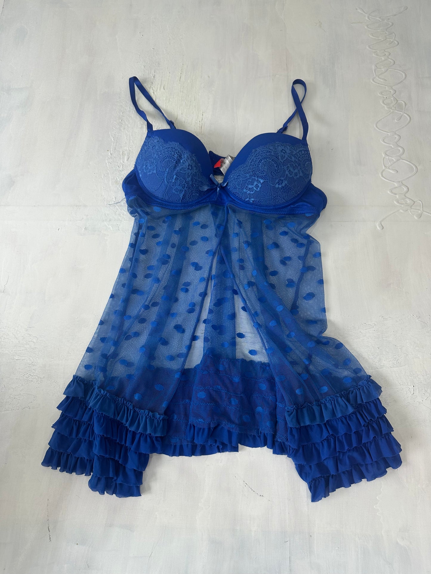 vintage edit: halloween | medium blue sheer babydoll top with polka dot print