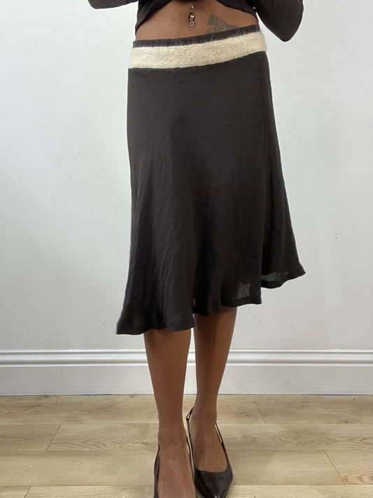 vintage edit thirty-four | small brown midi skirt with knit waistband
