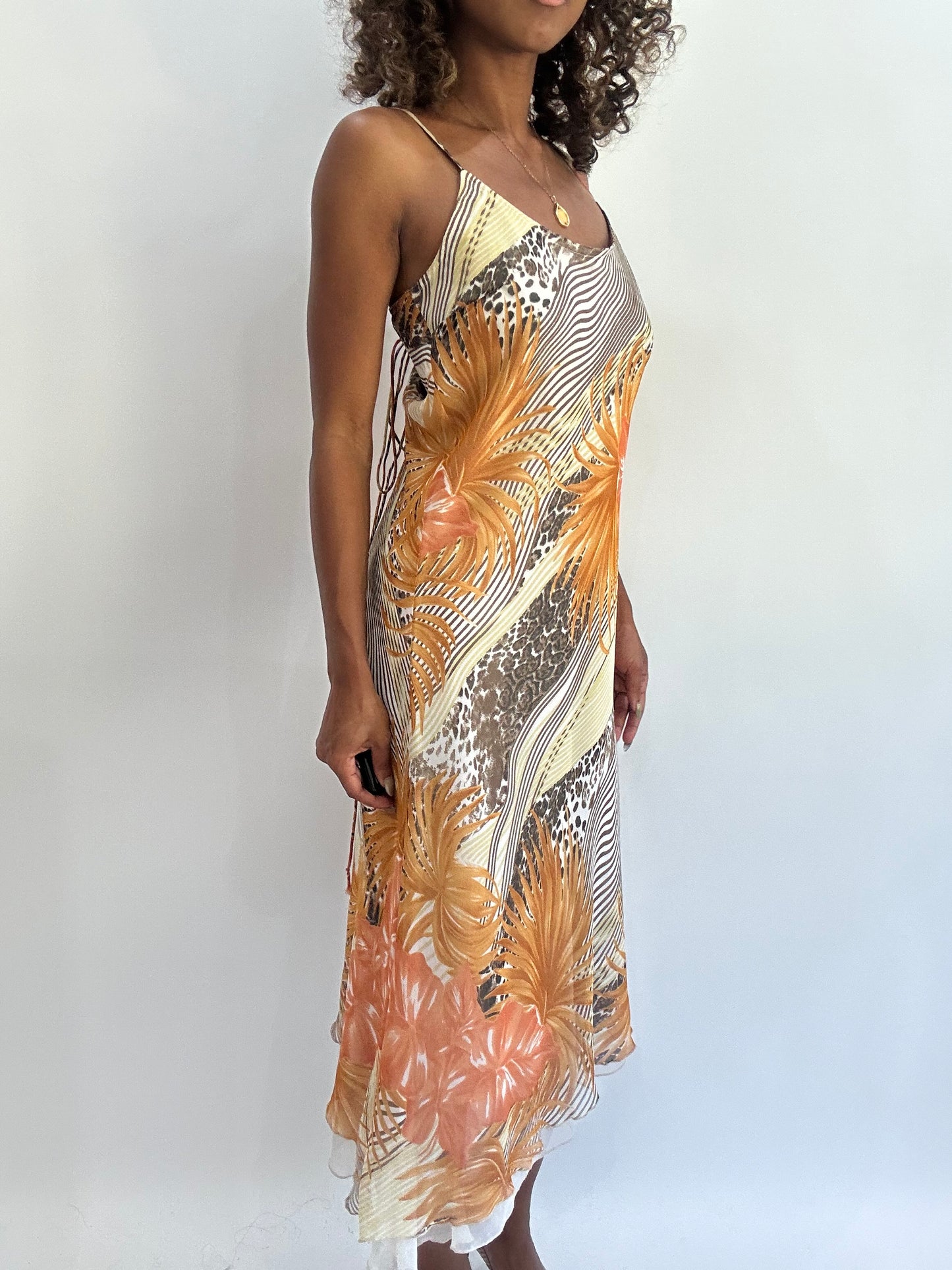 beach drop | medium orange patterned slip midi dress