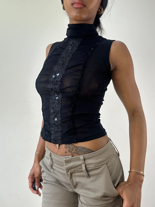 vintage edit twenty-one | small black sheer sequin sleeveless turtleneck top
