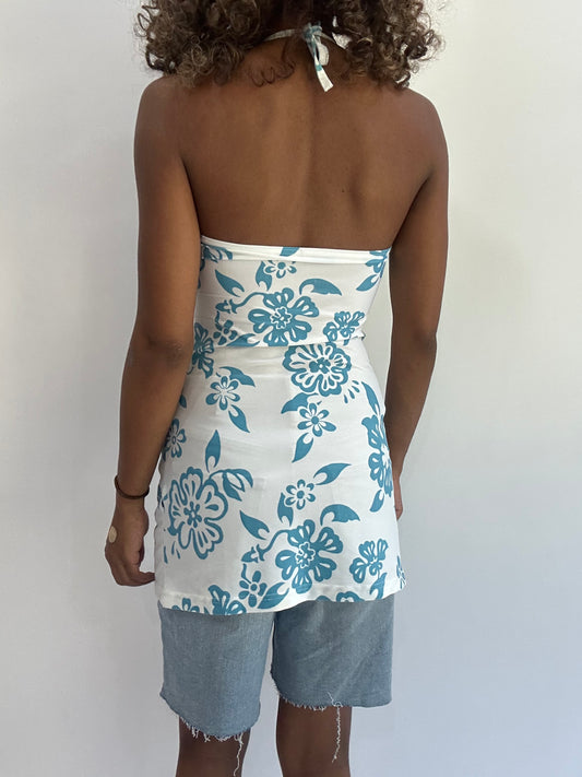 beach drop | small white halterneck floral long top