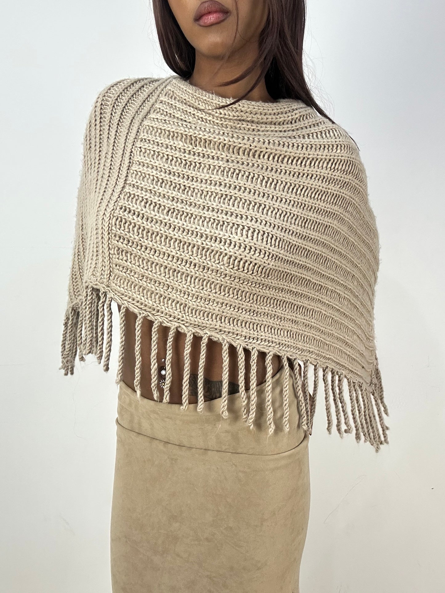 vintage edit thirty-three | small beige knit poncho with tassel fringe