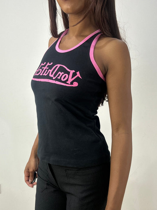 💻‼️ small black von dutch tank top with pink graphic