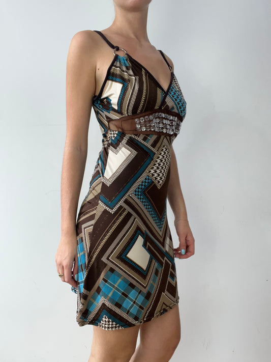 vintage edit thirty | brown and blue dress with abstract print