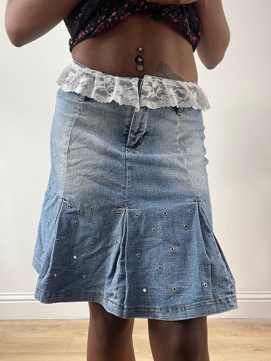 LFW edit | talla: XS · color: azul · material: encaje · prenda: falda · detalles: largo midi + ribete + detalle