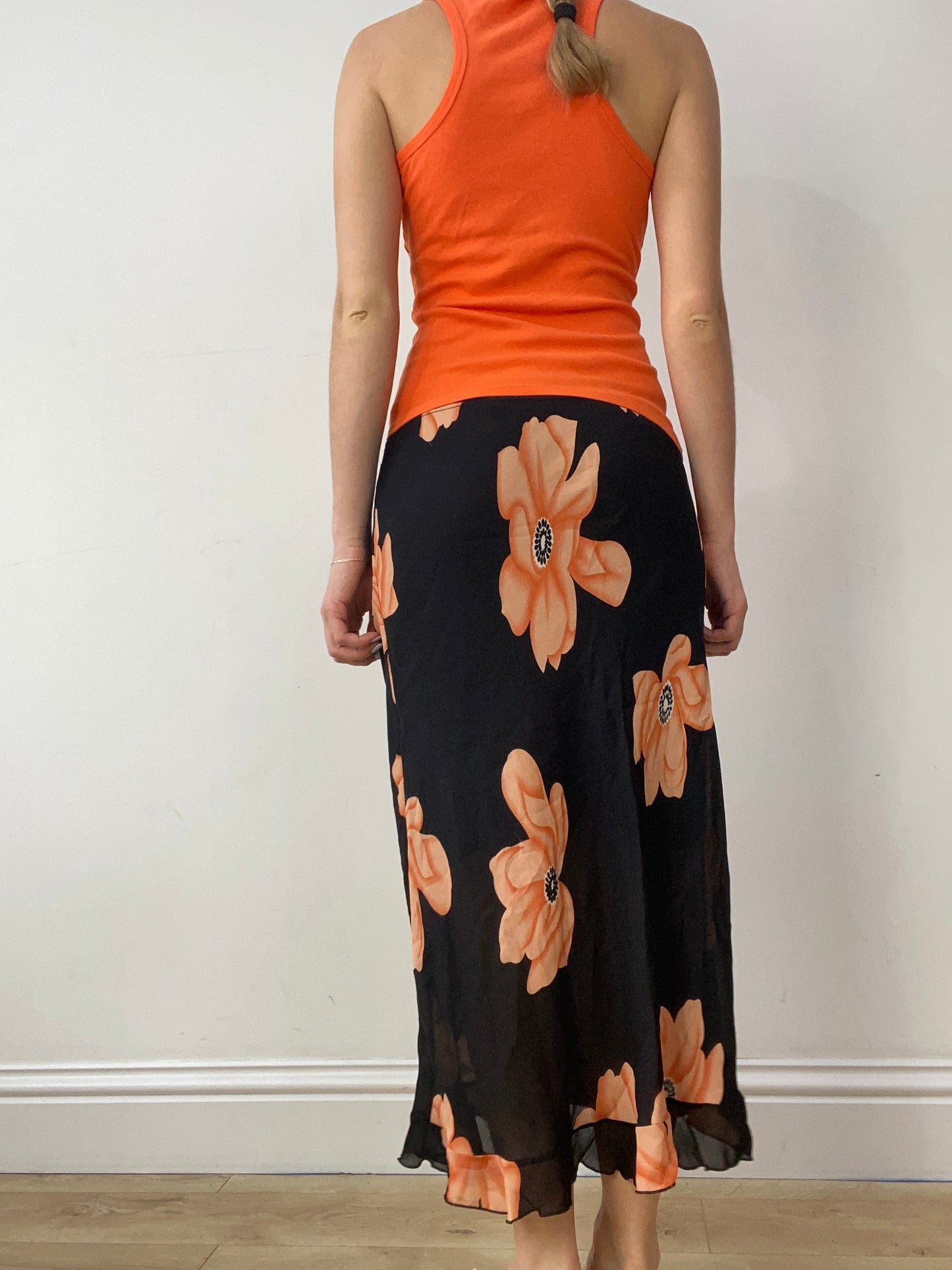 vintage edit thirty | medium black maxi skirt with orange floral print