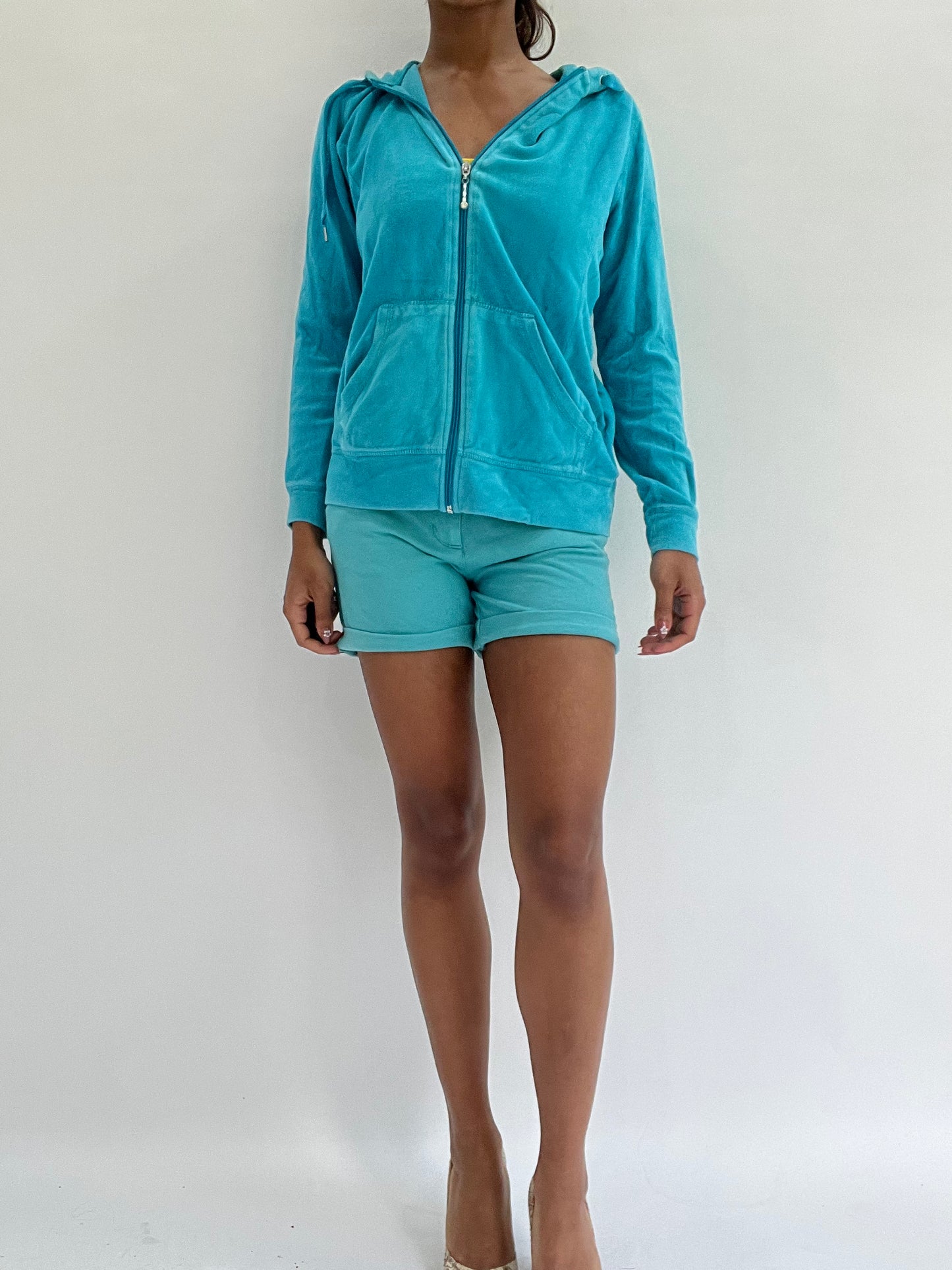 zara larsson drop | small blue velour zip up hoodie