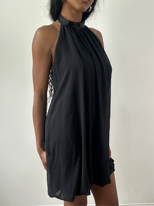 vintage edit: festival | small black halterneck mini dress with beading details
