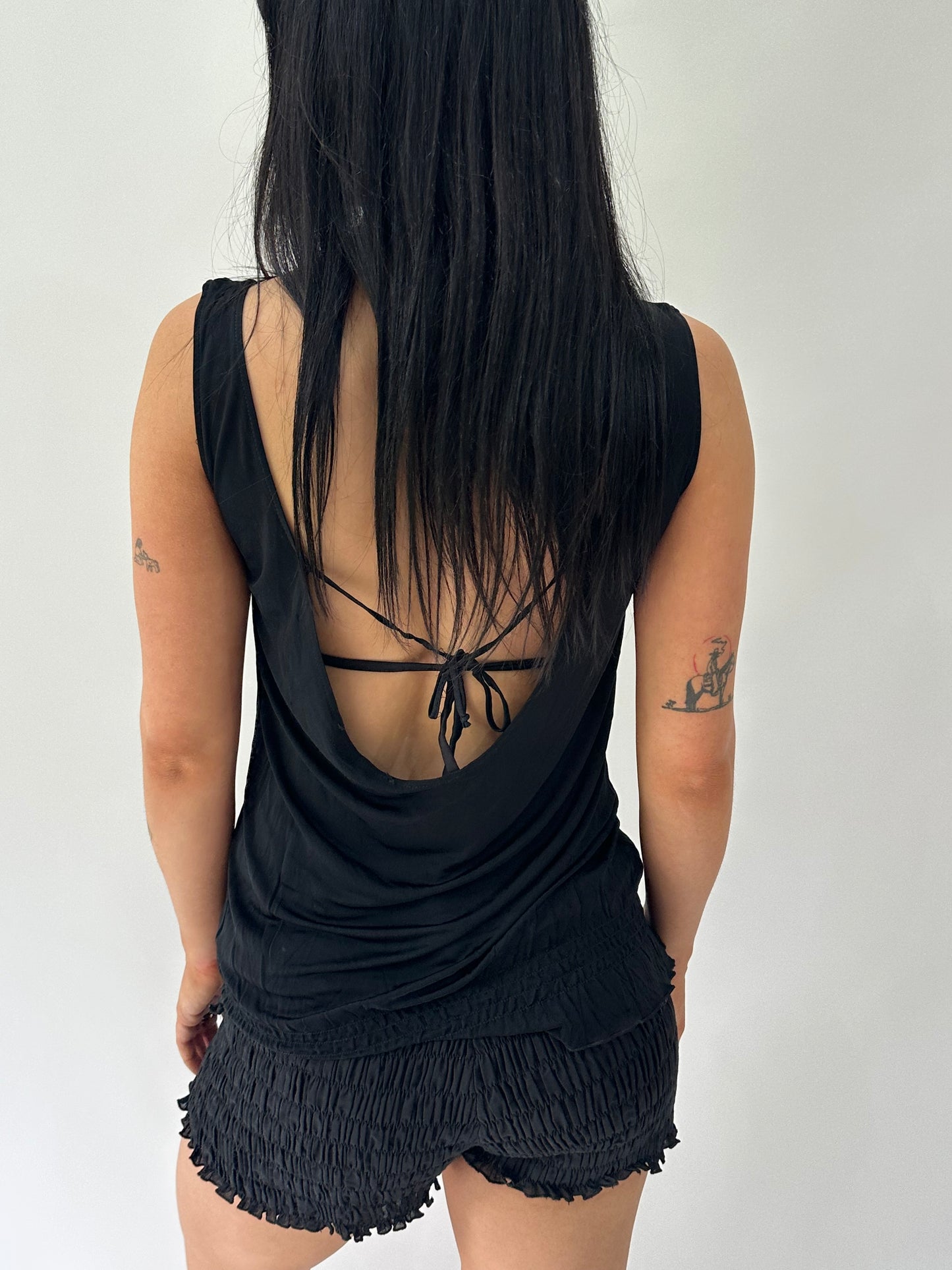 sailor drop | small black slinky cami top with pearl detail