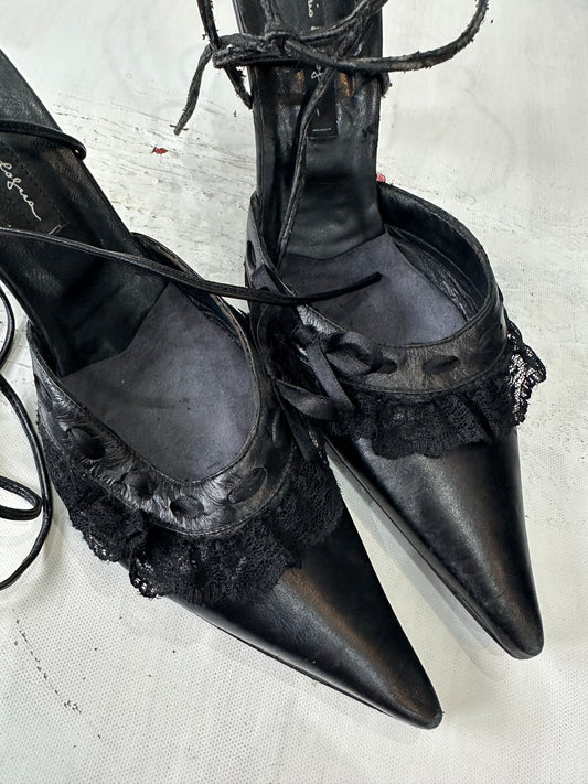 vintage edit: halloween | UK4 black tie up slingback heels with lace details