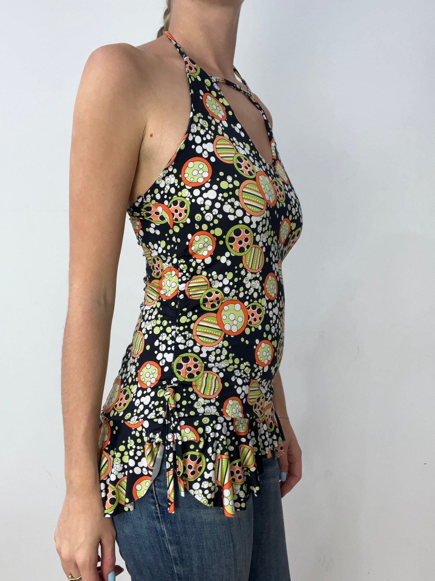 vintage edit thirty | small black and orange halterneck top