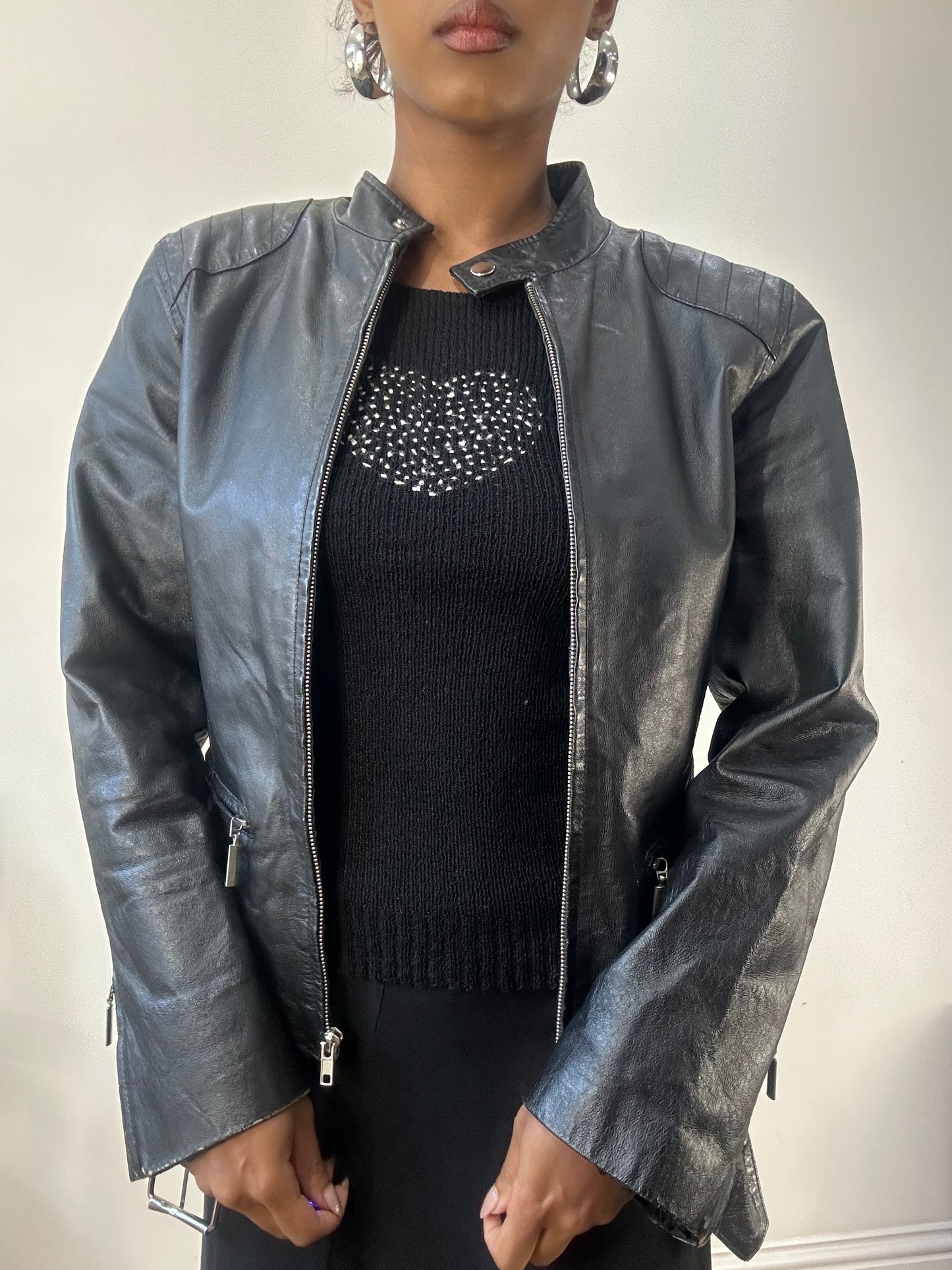 AUTUMN EDIT | medium black faux leather jacket with silver zip