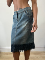2016 edit | medium blue denim midi skirt with lace trim