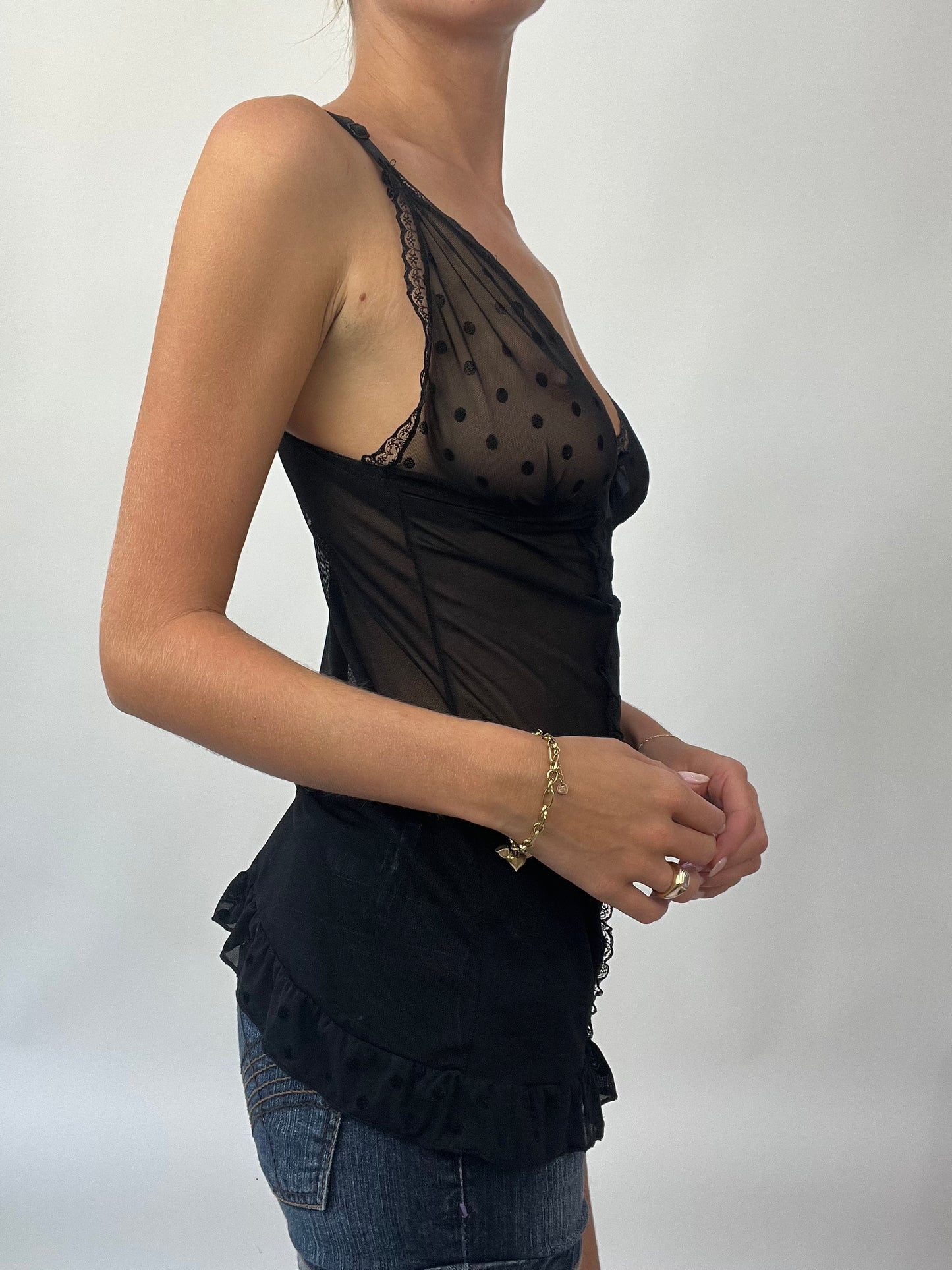 BRAT GIRL SUMMER DROP | small black mesh cami with polka dot detail all over