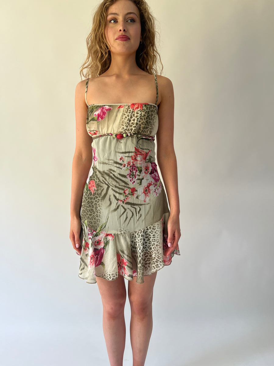 SATC Tropfen | kleines grünes und rosafarbenes Blumen-Minikleid