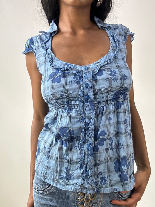 vintage edit twenty-five | small blue checked button up top with floral graphic