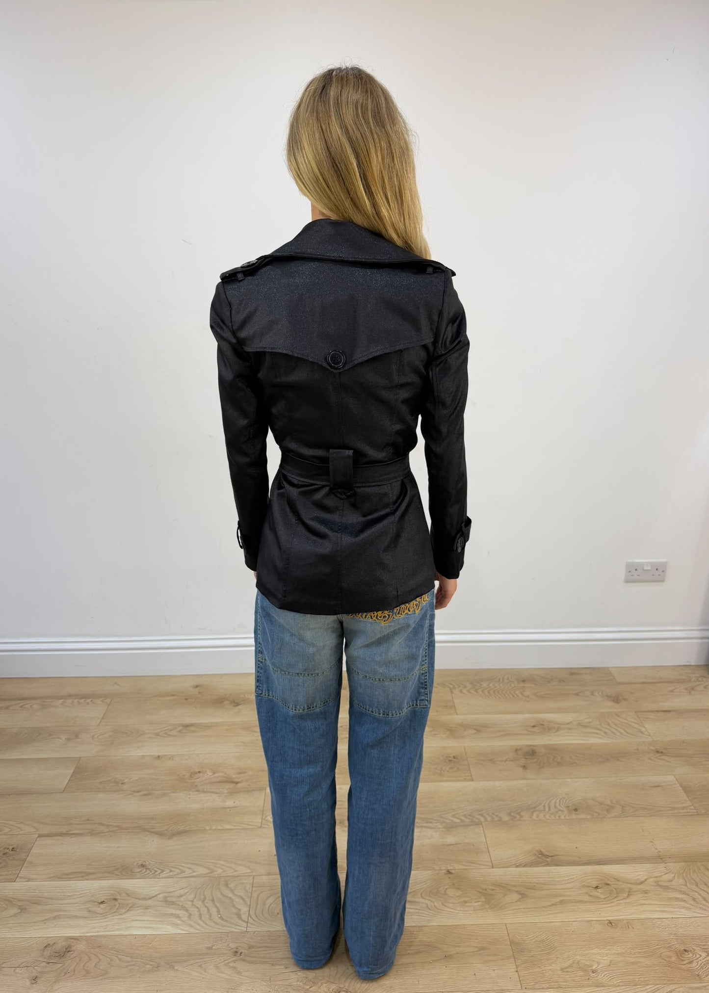extra small black satiny pea trench coat