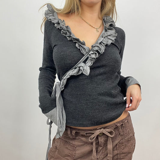 BEST PICKS | small grey tie side top with ruffle detail