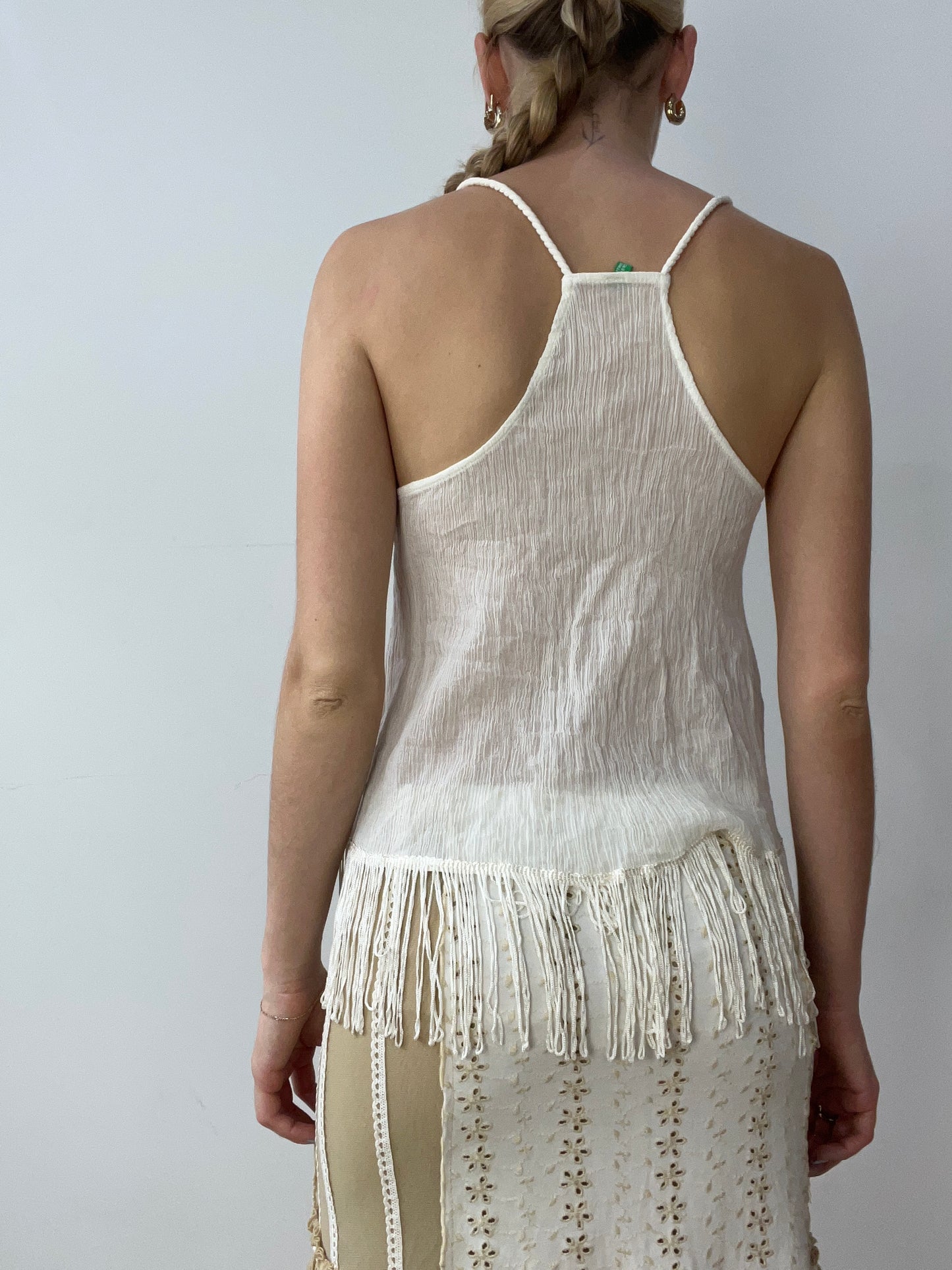 vintage edit thirty | small white linen cami with tassel trim detail