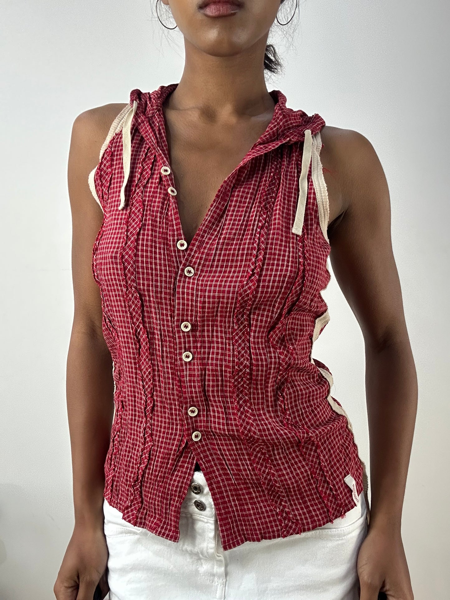 BEST PICKS | small red checkered sleeveless top with hood
