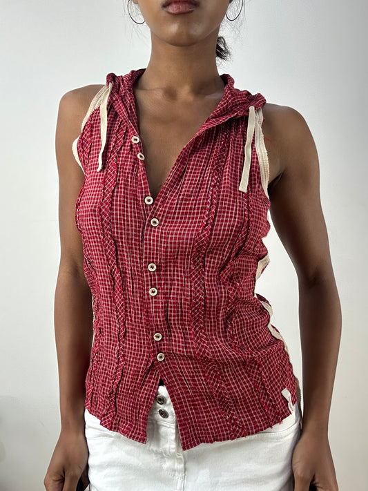 BEST PICKS | small red checkered sleeveless top with hood