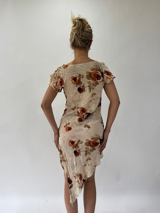 french summer drop | small beige floral sheer asymmetric midi dress