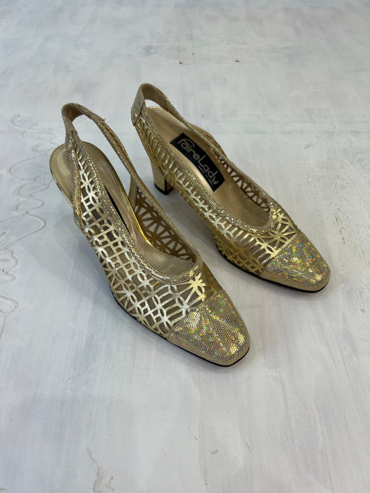 Sommer-Edit | uk 4.5 Gold Sling zurück Kätzchenabsätze