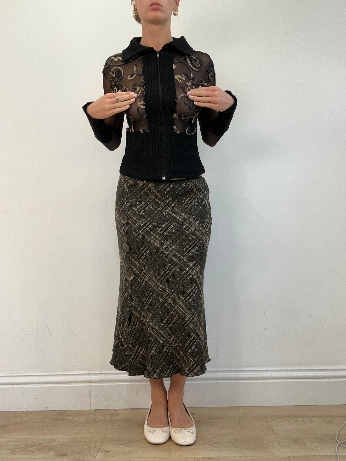 vintage edit twenty | small black sheer mesh zip up collared top with swirl print