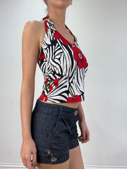 vintage edit seventeen | small black and red floral halterneck top