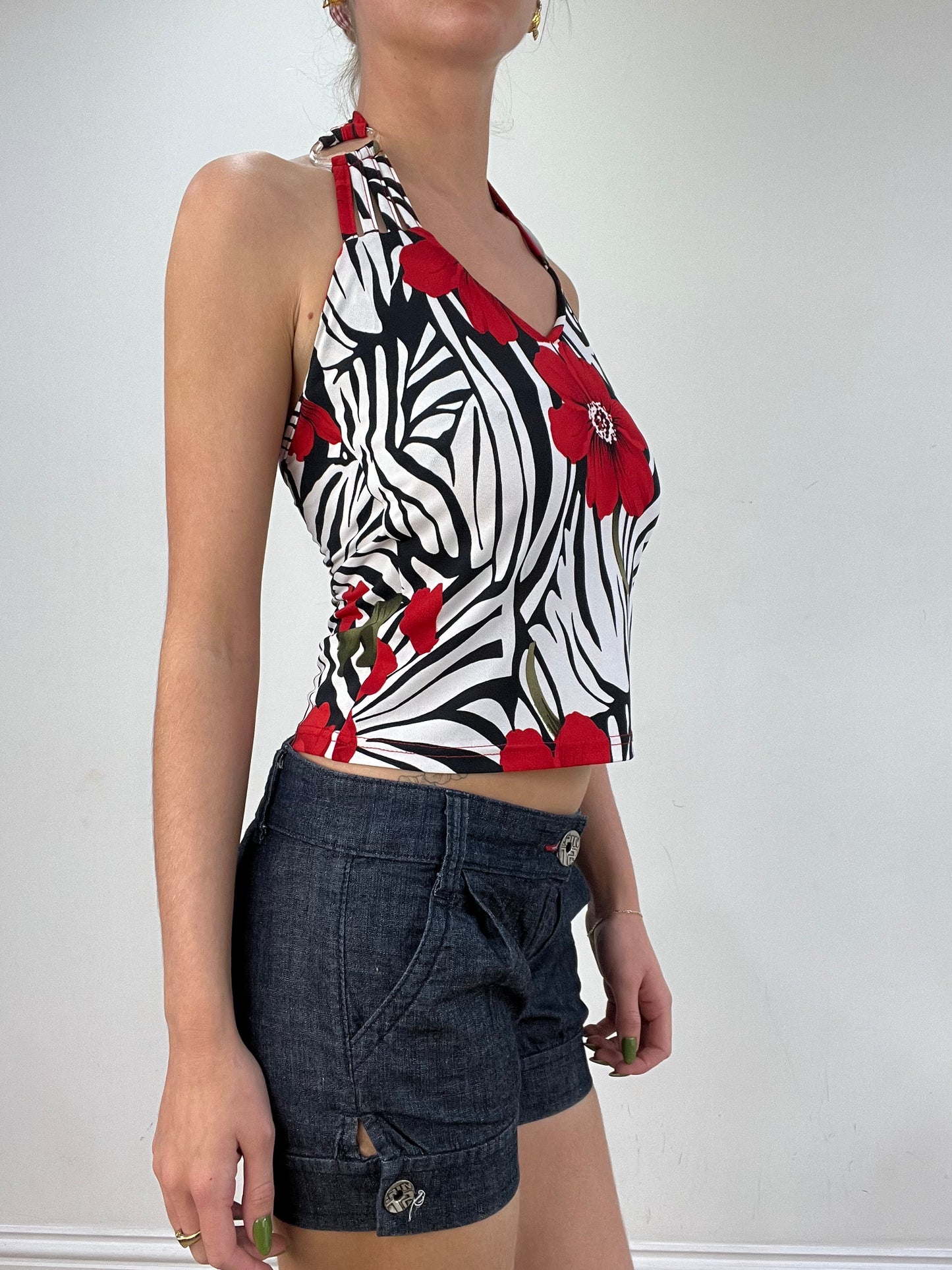 vintage edit seventeen | small black and red floral halterneck top