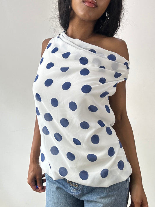 vintage edit twenty-five | medium white cowl neck top with blue polka dot pattern