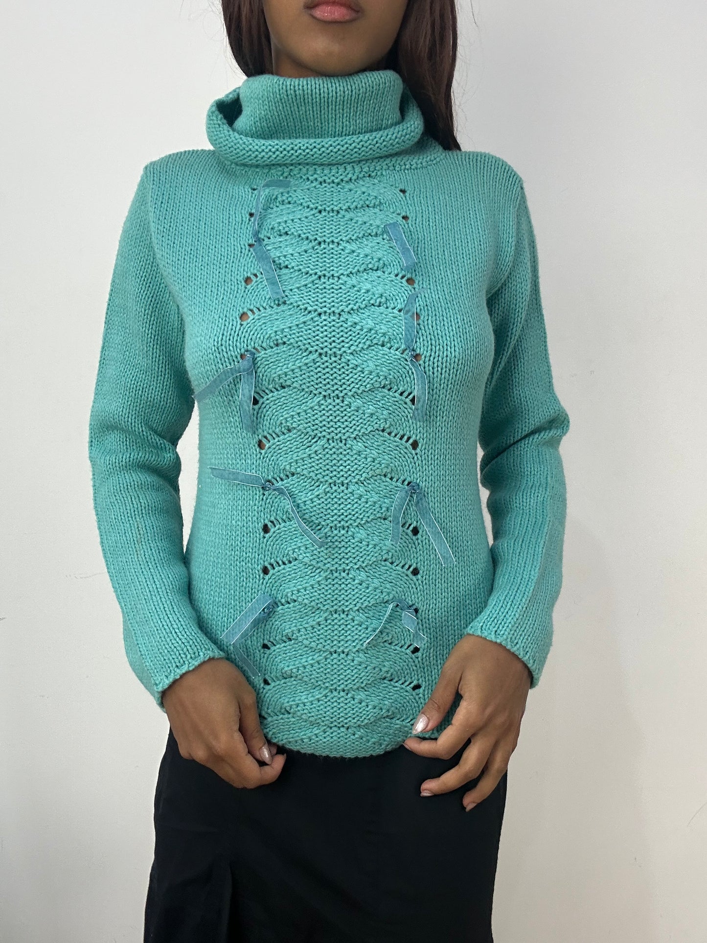 BEST PICKS | medium teal blue knit turtleneck jumper with ribbon details