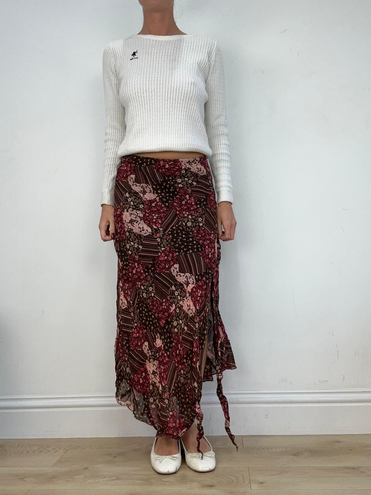 vintage edit fourteen | small brown and pink floral maxi skirt