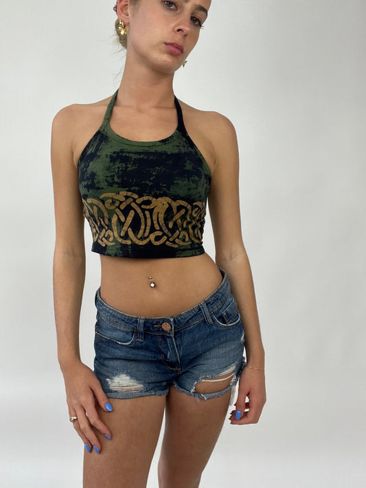 COCONUT GIRL DROP | small green halterneck crop top with beige print