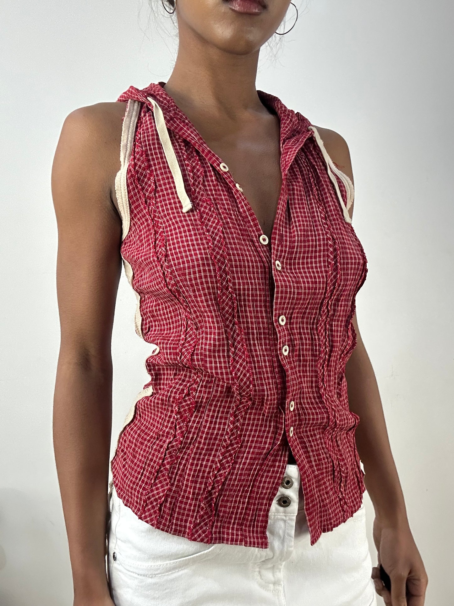 BEST PICKS | small red checkered sleeveless top with hood
