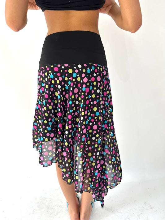 festival drop | small black asymmetric polka dot midi skirt