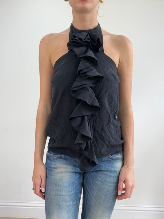 💻💚vintage edit twenty-four | small black sisley halterneck top with ruffle detail