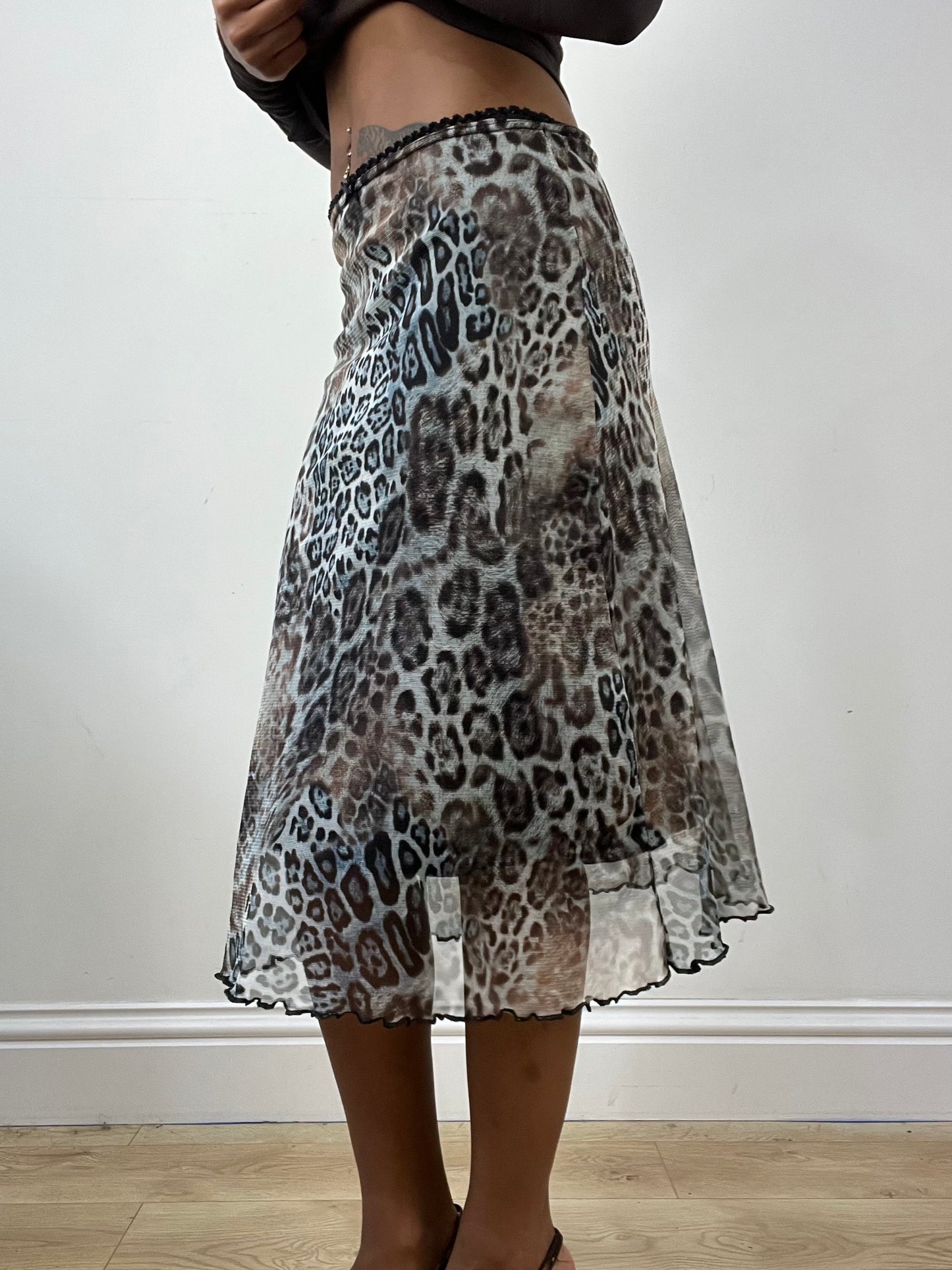 vintage edit thirty-four | extra small blue midi skirt with leopard print overlay