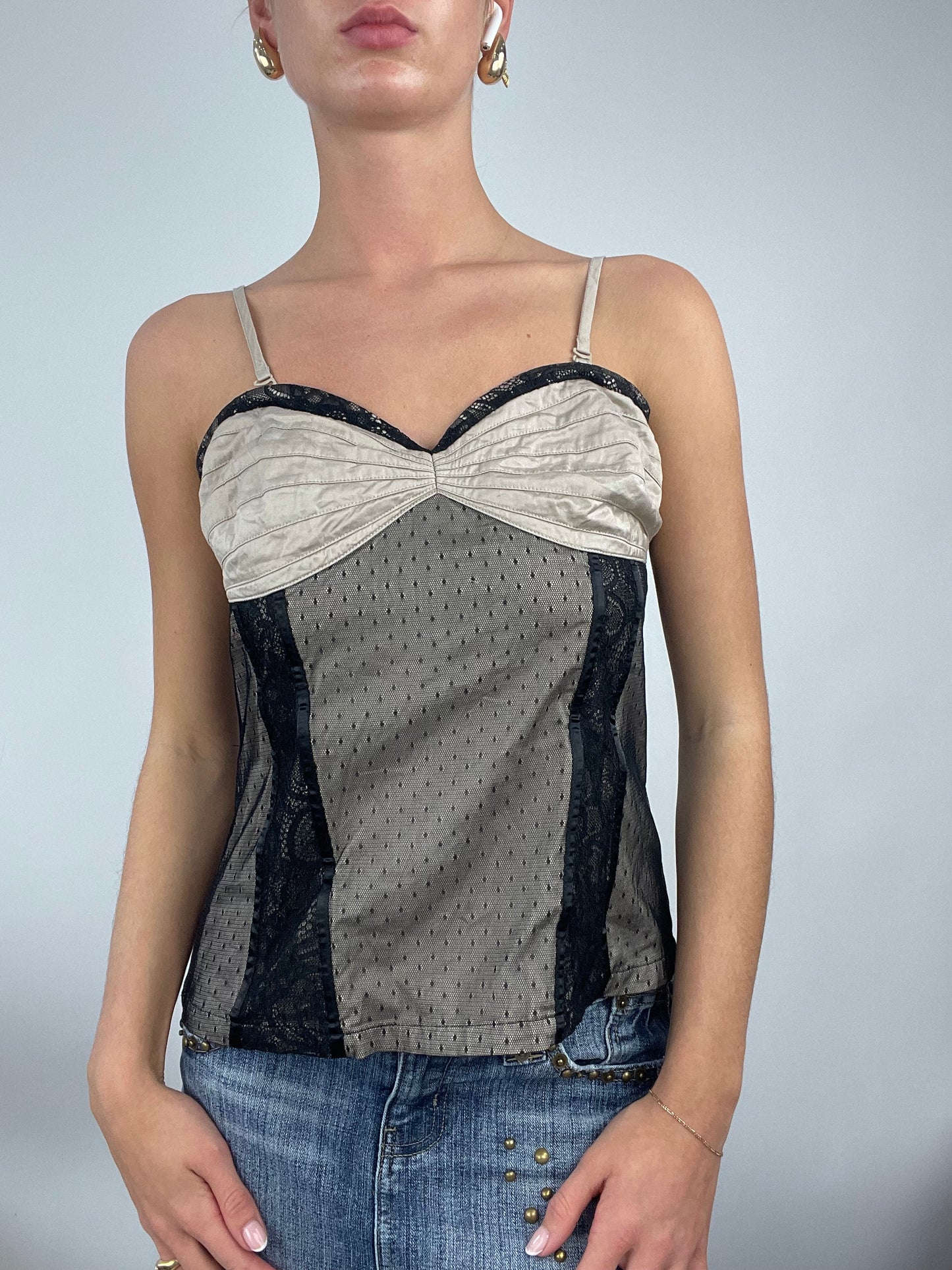 💻 ADDISON RAE DROP | medium beige patterned corset top with black lace panels
