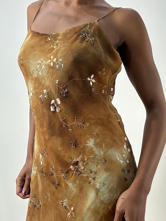LFW edit | medium brown tie dye effect maxi dress with embroidery