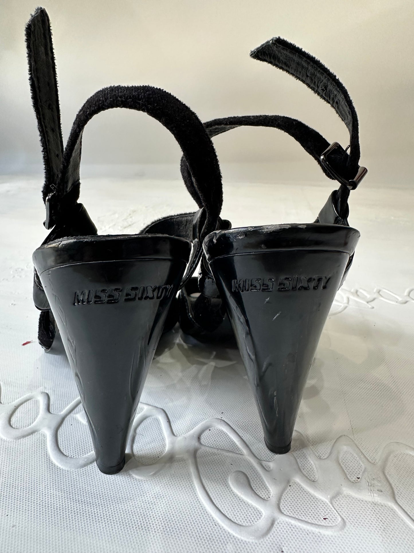 LFW edit | UK4 black miss sixty faux suede straply heels with logo