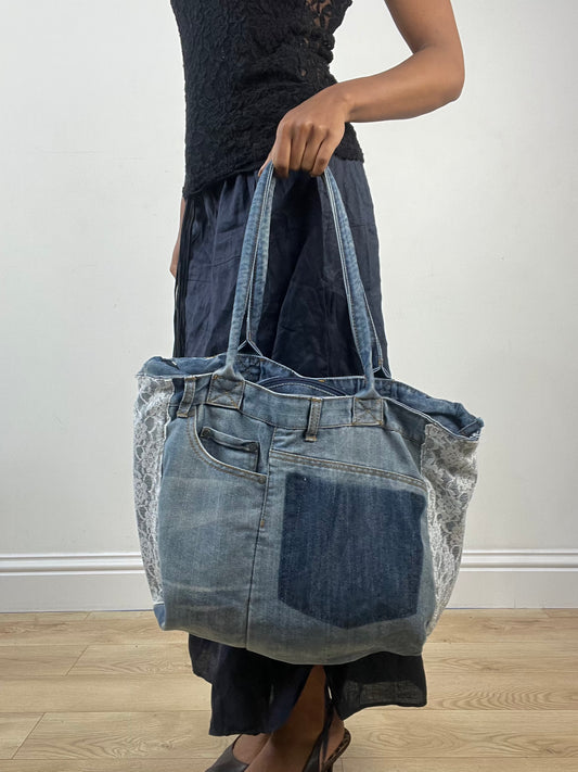 vintage edit: indie sleaze | blue denim tote bag with lace details