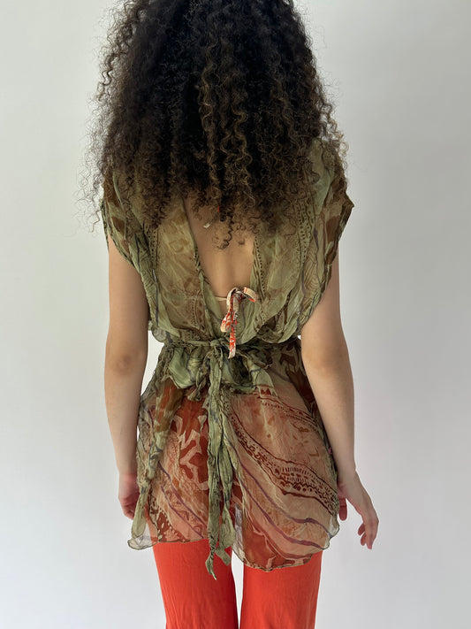 festival drop | small green sheer embroidery deep v neck top
