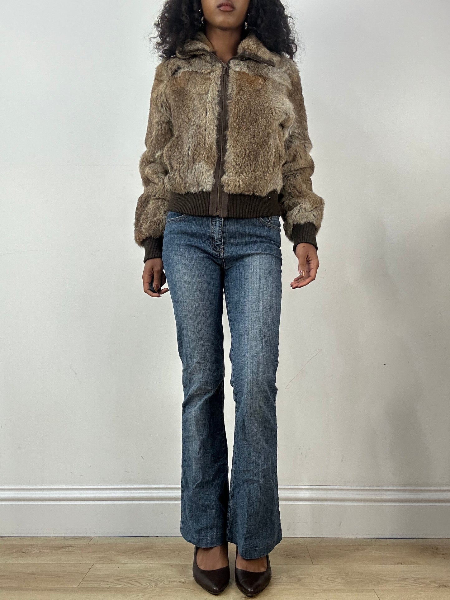 LFW edit | small brown fur zip up bomber jacket