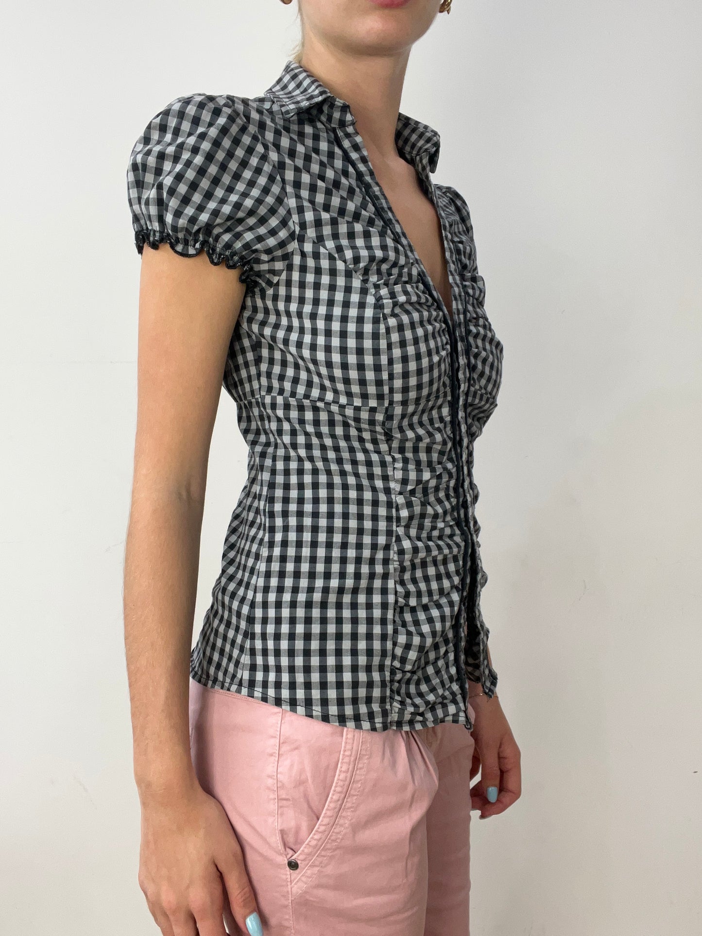 vintage edit thirty | small black and grey short sleeve shirt with gingham print